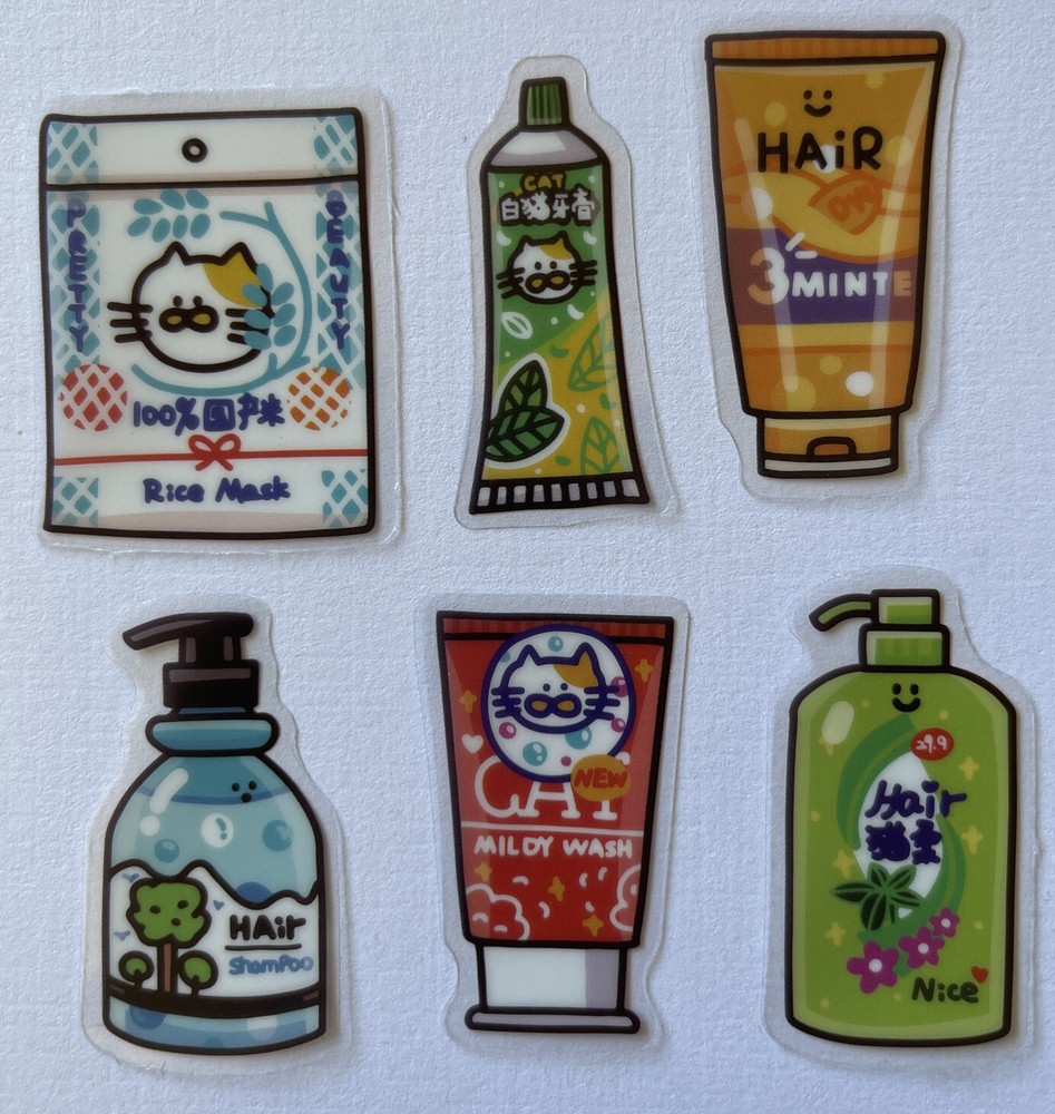 THE CAT SHOP Mylar Stickers(6pc) •Shampoo•Soap•Chinese•Mask•Body Wash•Hair Care•