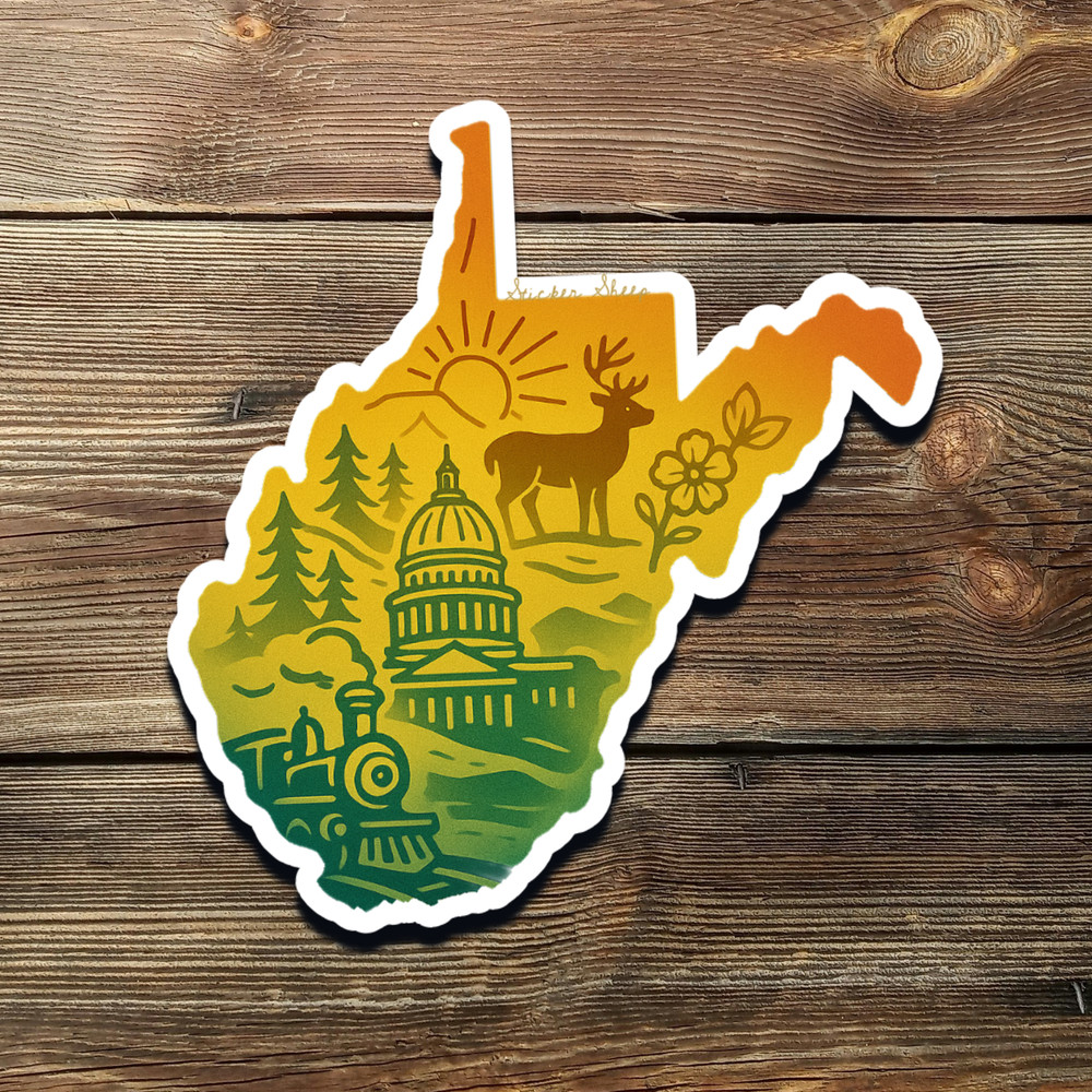 West Virginia Sticker – Gold Foil State Art with Deer, Capitol & Scenic Train
