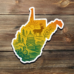 West Virginia Sticker – Gold Foil State Art with Deer, Capitol & Scenic Train