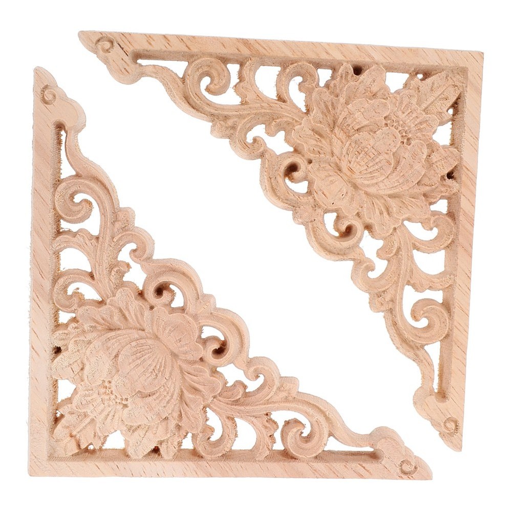 2Pcs Unpainted Wooden Carving Applique for Home Decor and Furniture Onlay