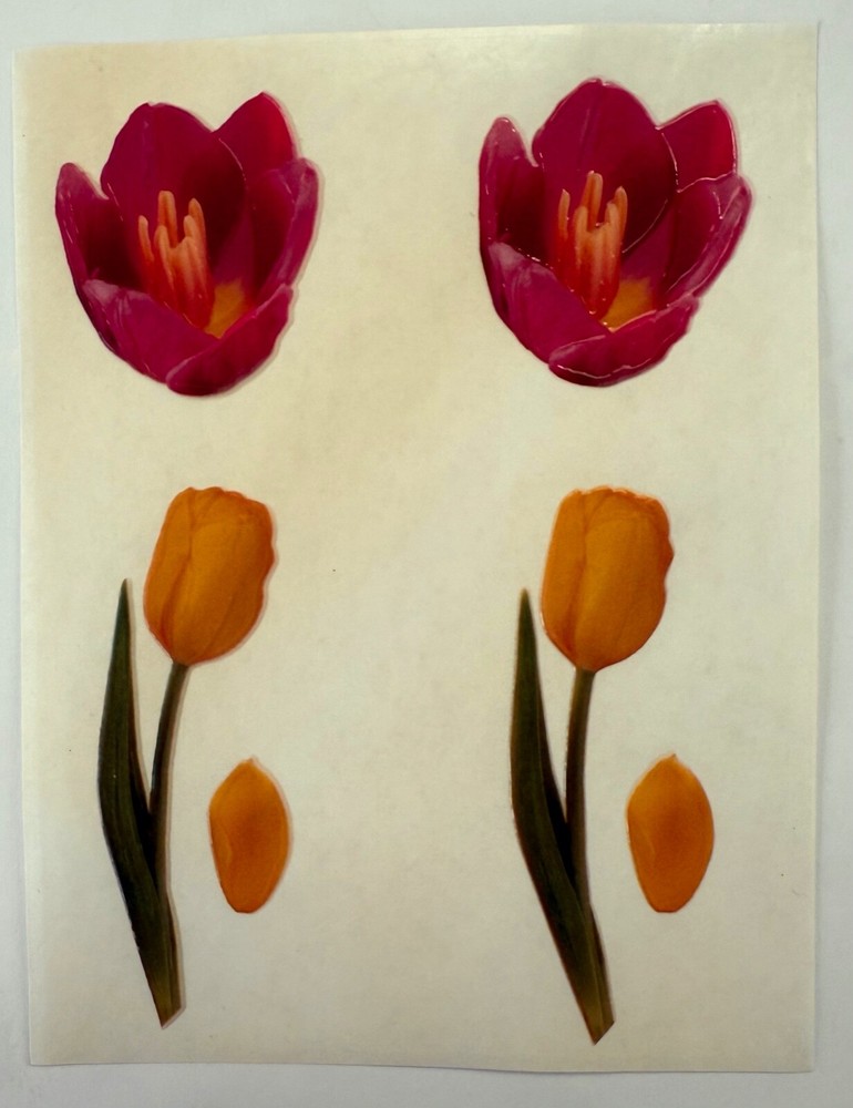 Vintage Magic Wax Pink Yellow Tulip Petals Green Stem Flower Scented Sticker Lot