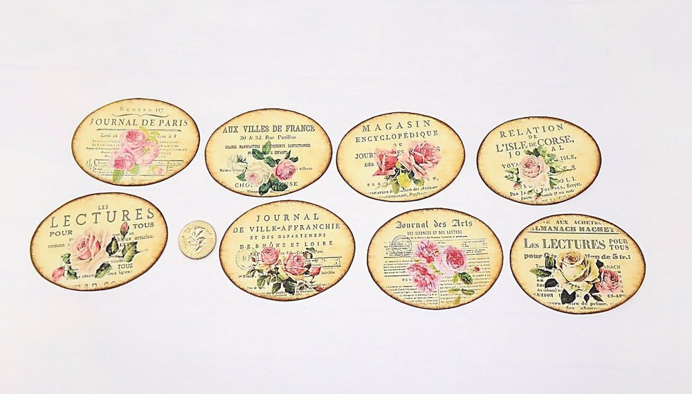 Vintage-French-Ephemera-Linen Cardstock-Oval-Labels-Stickers-Set Of 8