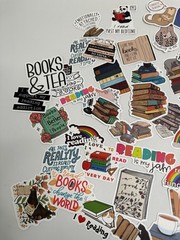 lot of 54 book themed stickers-colorful- books-cats-tea-I love reading stickers