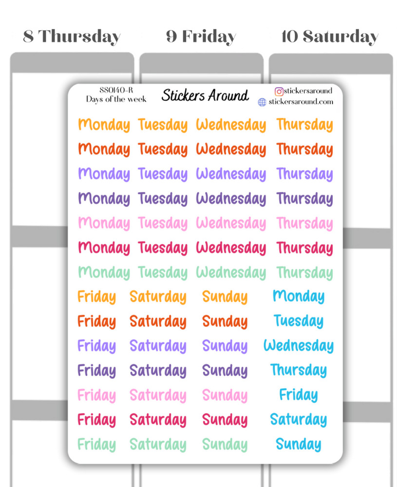 Small Rainbow Days of the Week Script Planner Sticker, Journaling Stickers