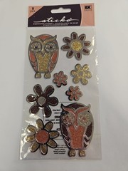 Owls & Flowers Scrapbooking Stickers Dimensional Stained Glass Style Sticko 8pc