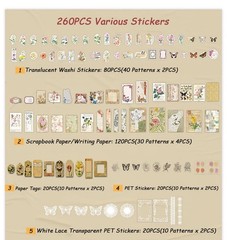 Vintage Scrapbook Supplies 260 PCS – 120 Matte Papers, 80 Washi Stickers, 20