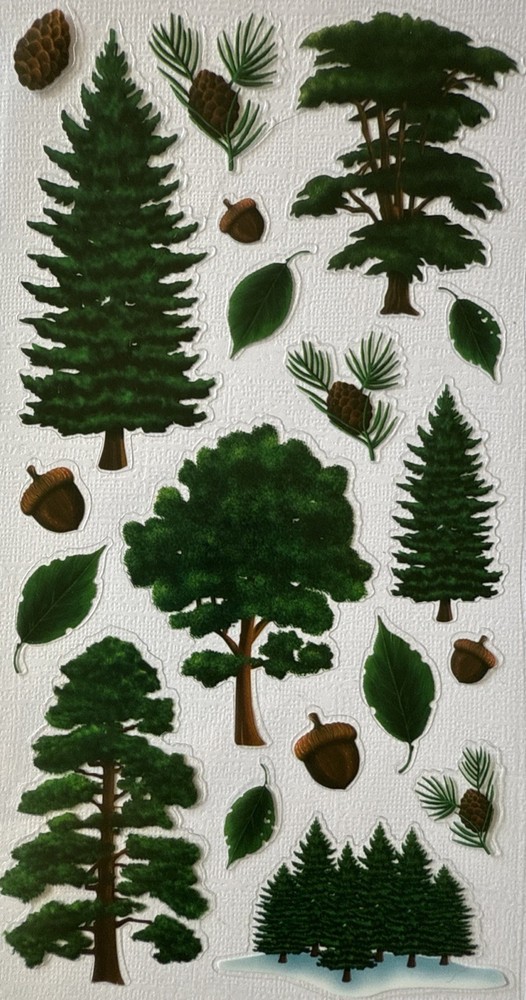 GREEN FOREST Mylar Stickers (19pc)Christmas Tree…Pine…Chestnut…Leaf…Card Making…