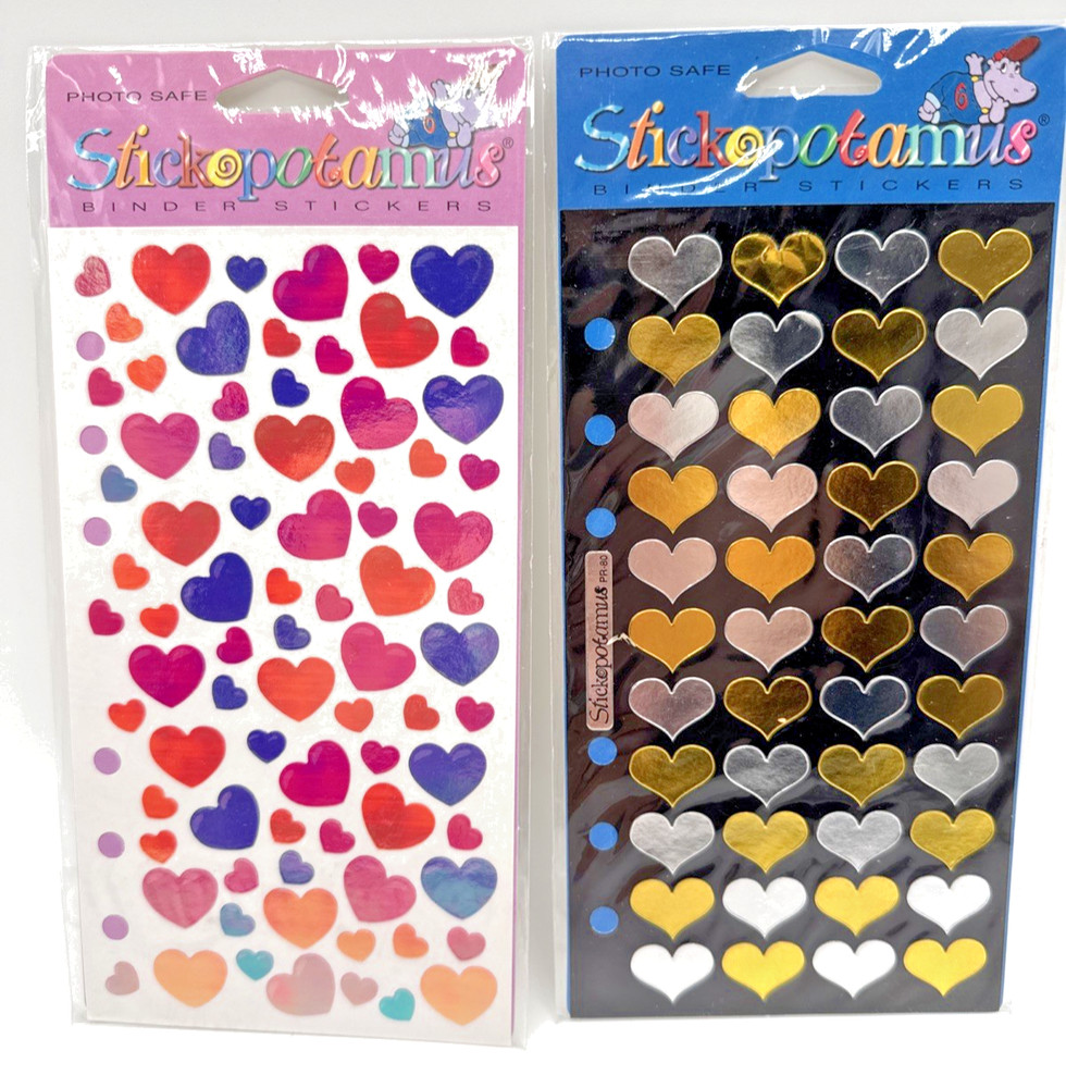 Stickopotamus 2 Packages Stickers Opal & Golden Silver Heart Binder Stickers NOS