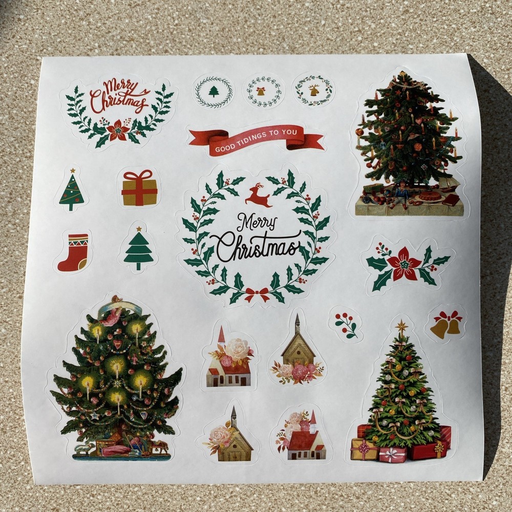 Christmas Tree Stickers One Sheet Candles Steeple Church Merry Poinsettia Bell