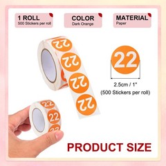 Number 22 Stickers 1″ Round Coded Self-Adhesive Labels Dark Orange 500Pcs/Roll