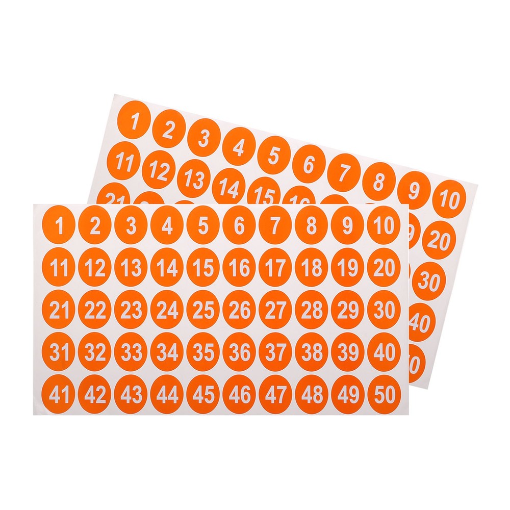 2 Sheets Round Number Stickers 1-50 Consecutive Number Labels Orange 1″ Each