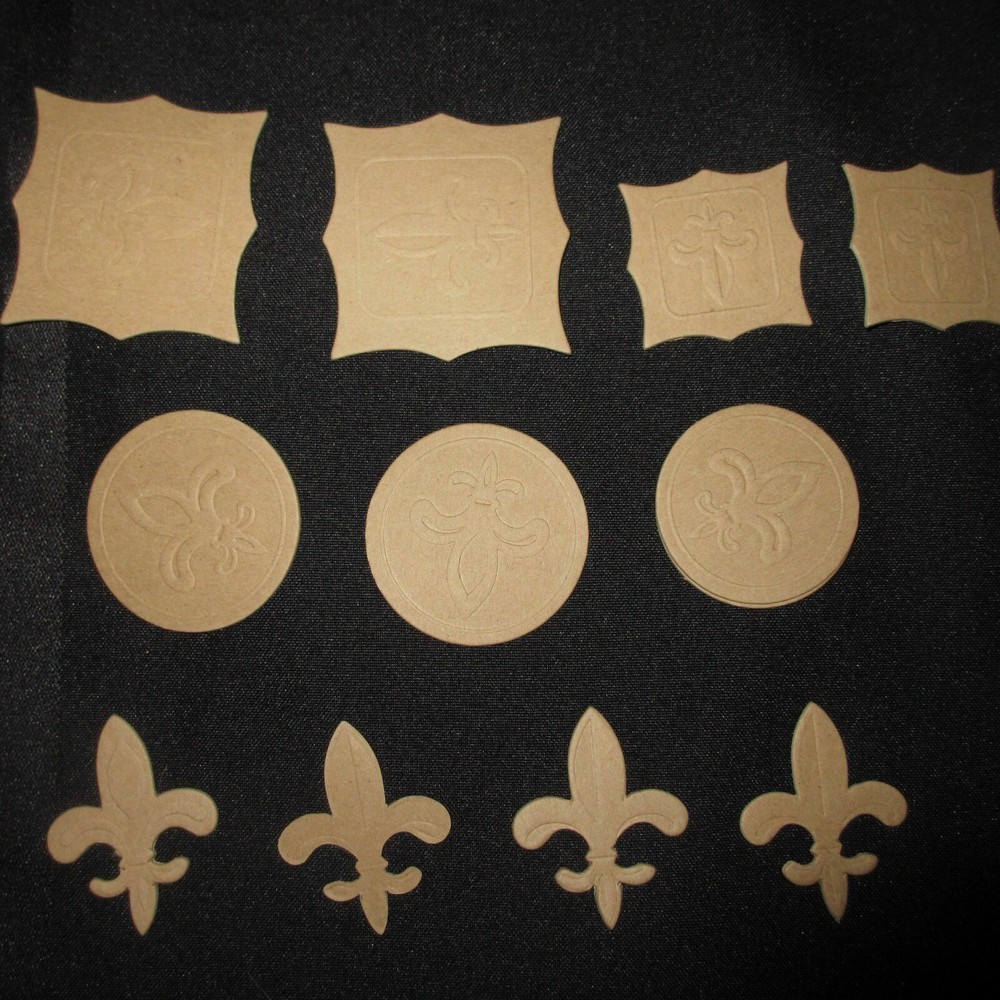 Embossed Chipboard Fleur de Lis & Labels Embellishments Raw Unfinished 12 pc
