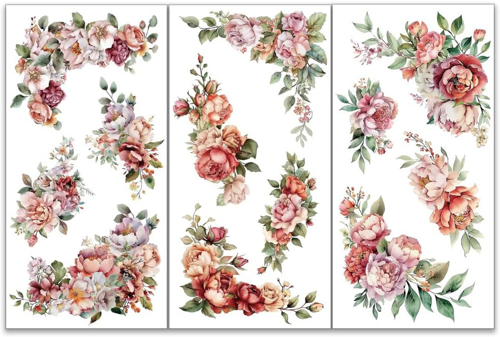 3Pcs/Set Corner Flower Rub on Transfers for Furniture and Crafts 6X12 Inch Roses