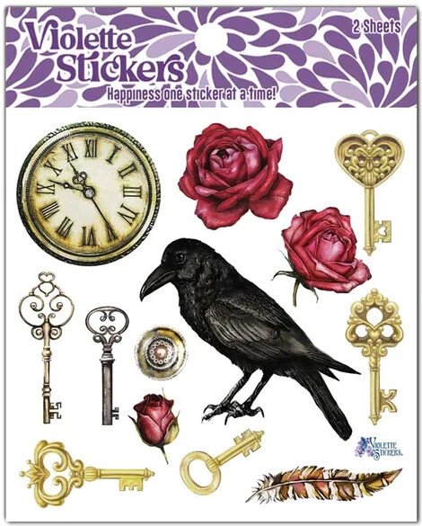 Violette Stickers 2 Sheets Raven & Gold Keys Red Roses Feather Clock Roman #’s