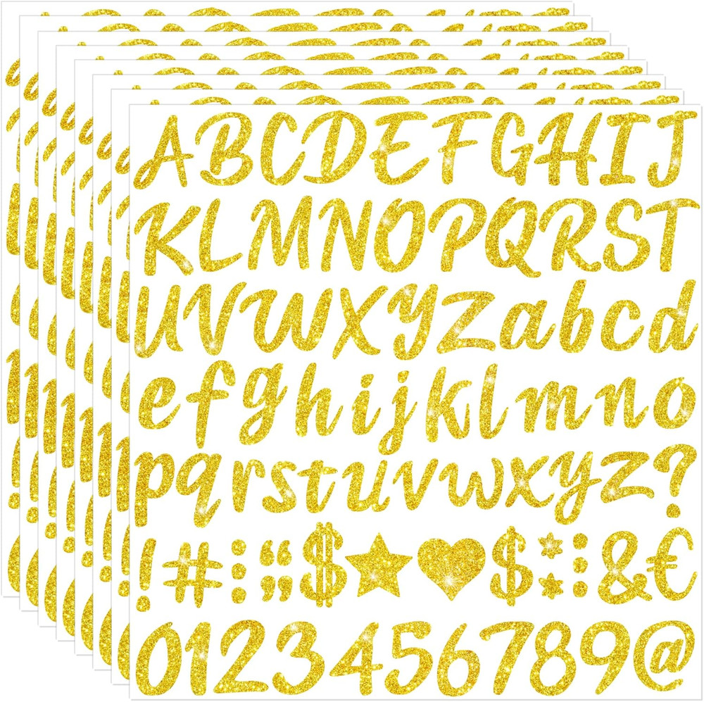 640 Pcs Gold Letter Stickers Glitter Alphabet Stickers, 8 Sheets Self-Adhesive A