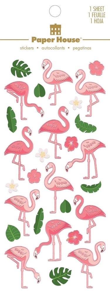 Crafts Stickers PH Faux Enamel Foil Accents Pink Flamingoes Green Leaves Repeats