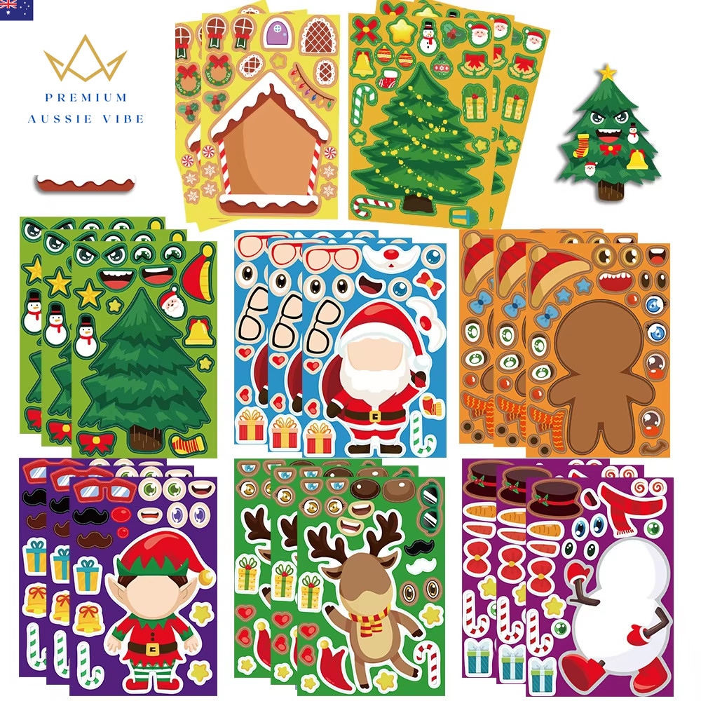 8 Sheets Christmas Puzzle Stickers Create Your Own Santa Claus DIY Make-A-Face K