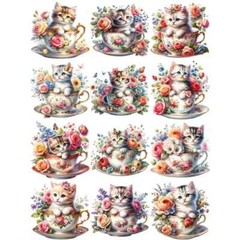 Kittens Cats in Teacups Flowers Planner Journal Scrapbooking Stickers Craft