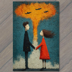 STICKER Couple Holding Hands Red Dress Blue Sky Planes Orange Cloud Whimsical