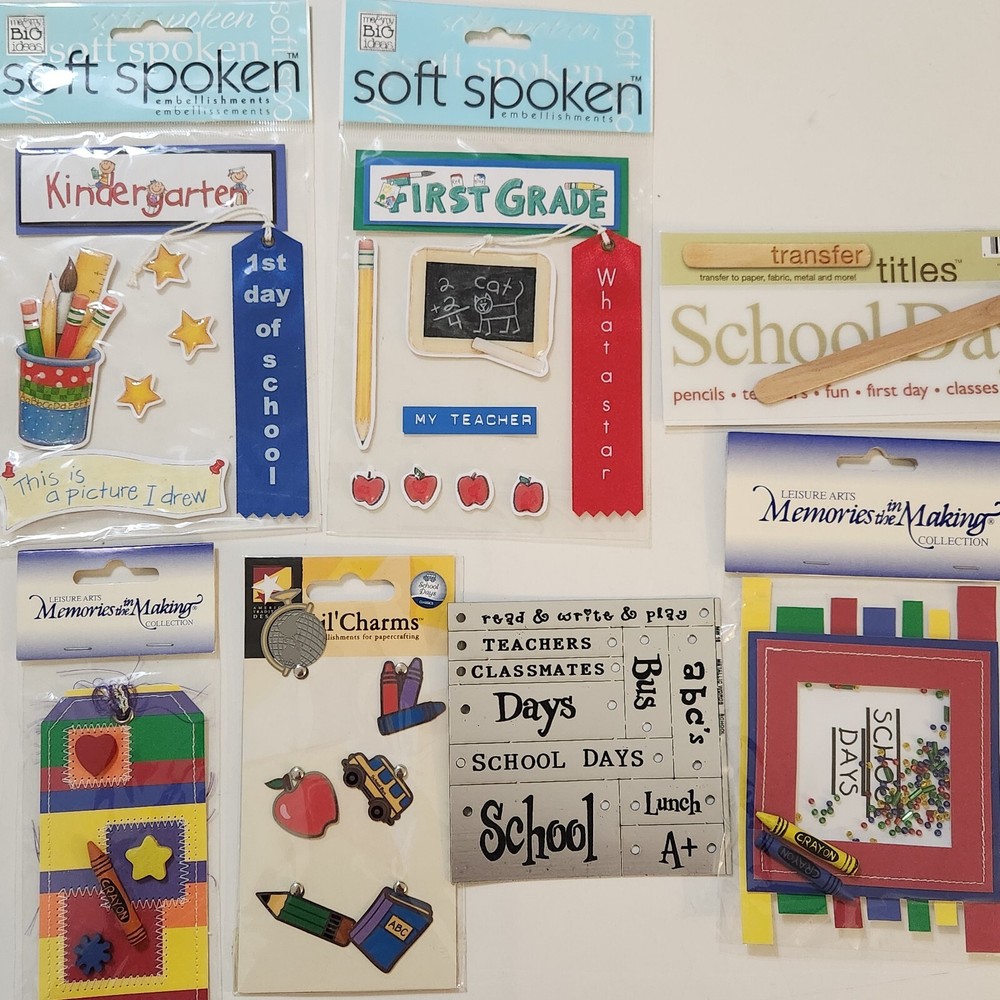 NEW Scrapbook SCHOOL Themed Stickers Charms Words Tags Shaker Box Rub-ons -G