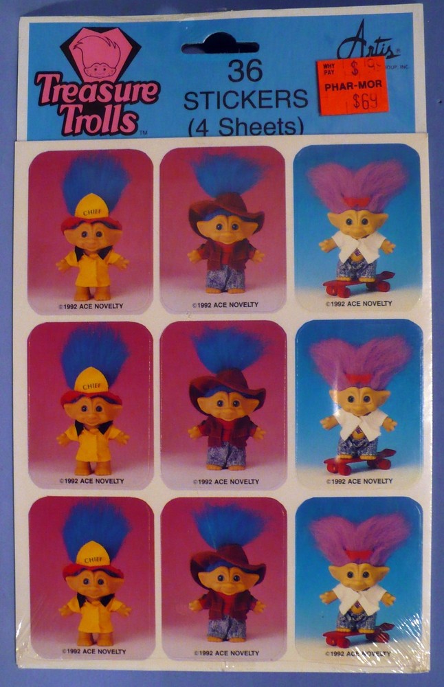 1992 ACE NOVELTY TREASURE TROLLS FIREMAN HILLBILLY 36 STICKERS 4 SHEETS SEALED