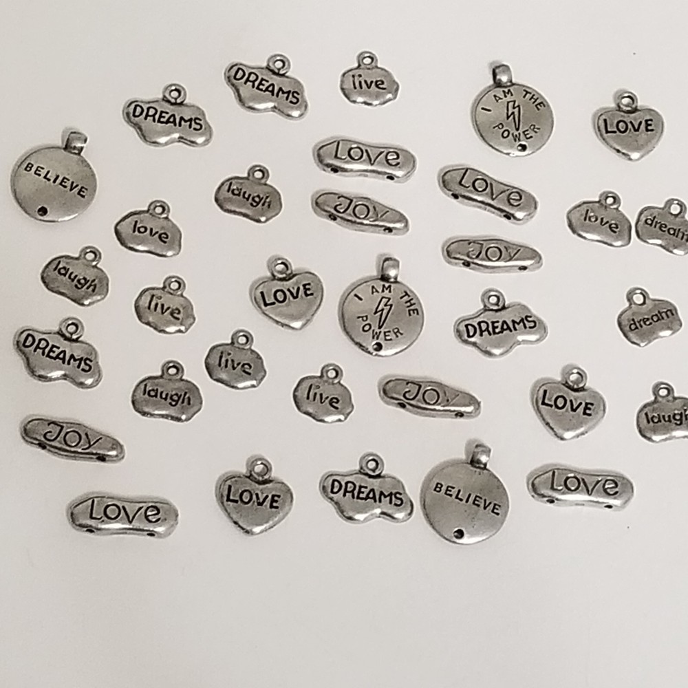 Lot Silver Tone Metal Inspiration Word Charm Love Live Dream Laugh Joy Believe-A