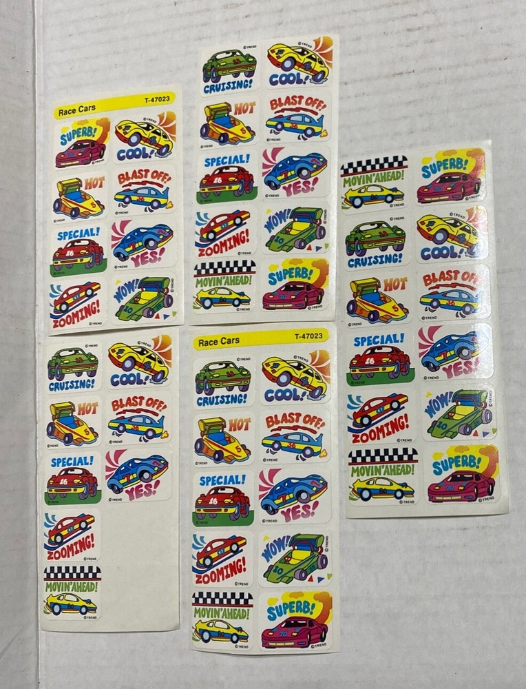 Vintage Trend Race Car Stickers T-47023 5 Sheets 1990s NOS Classroom Reward