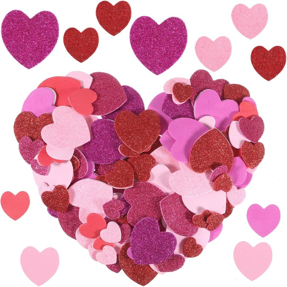 300 Pcs Heart Foam Stickers, Valentine’s Day Self Adhesive Glitter and Matte