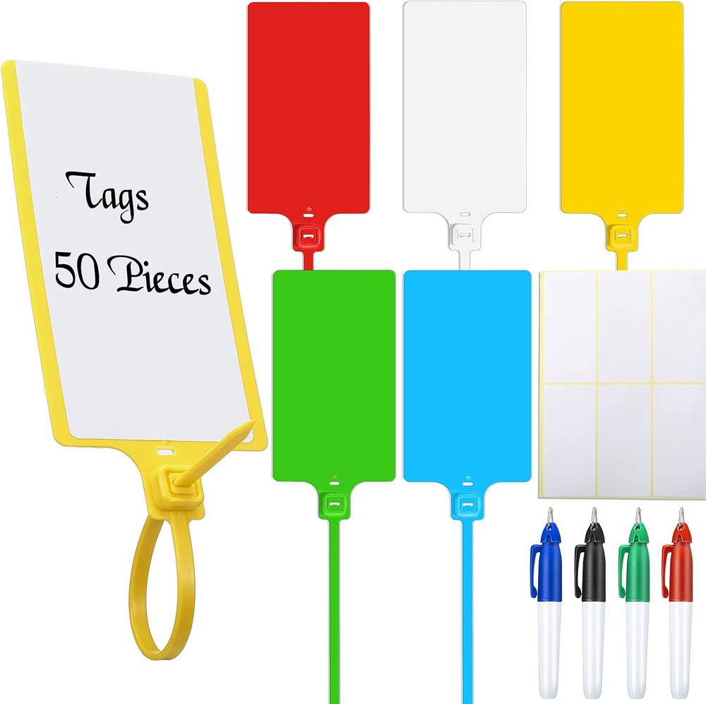 50 Pieces Waterproof Plastic Tags with Marker Pens and Sticker Labels, Self Lock