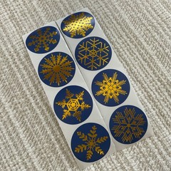 24 Gold Snowflake Stickers, 1.5” Blue Winter Envelope Seals, Holiday Gift Labels