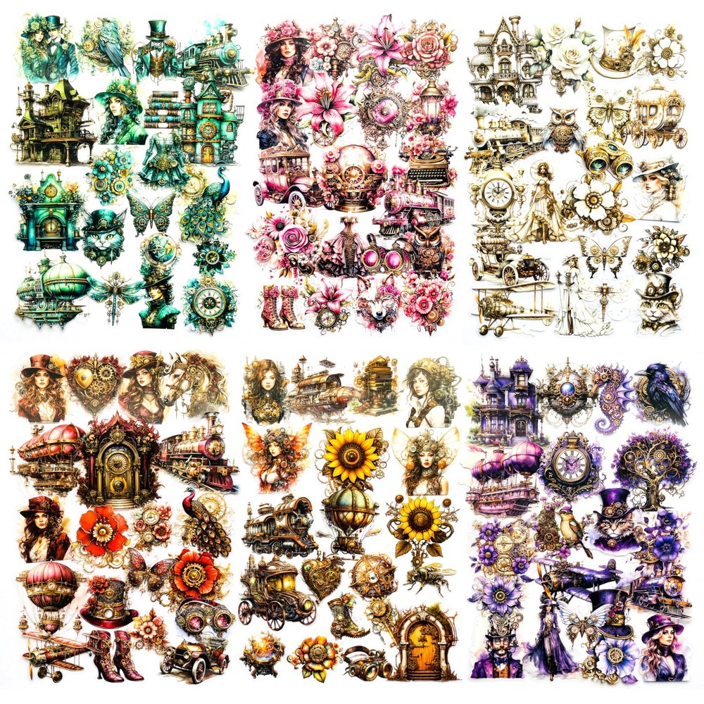 Vintage Steampunk Stickers 120Pcs – Clear Waterproof Antique Machinery for Scrap