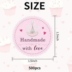 Pink Bakery Use Baked with Love Stickers, 1.5 Inch 500 PCS, Heart & Letter Print