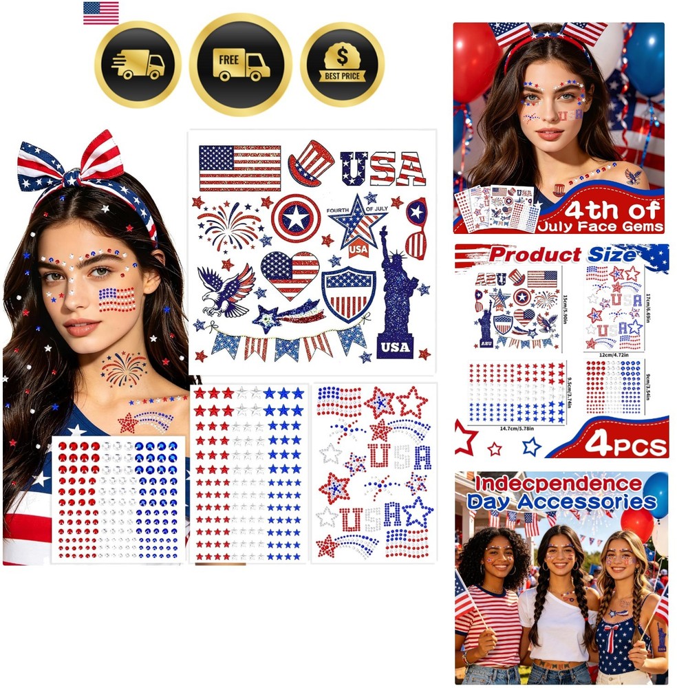 4th of July Face Gems – Face Stickers with Red White and Blue Self-Adhesive …
