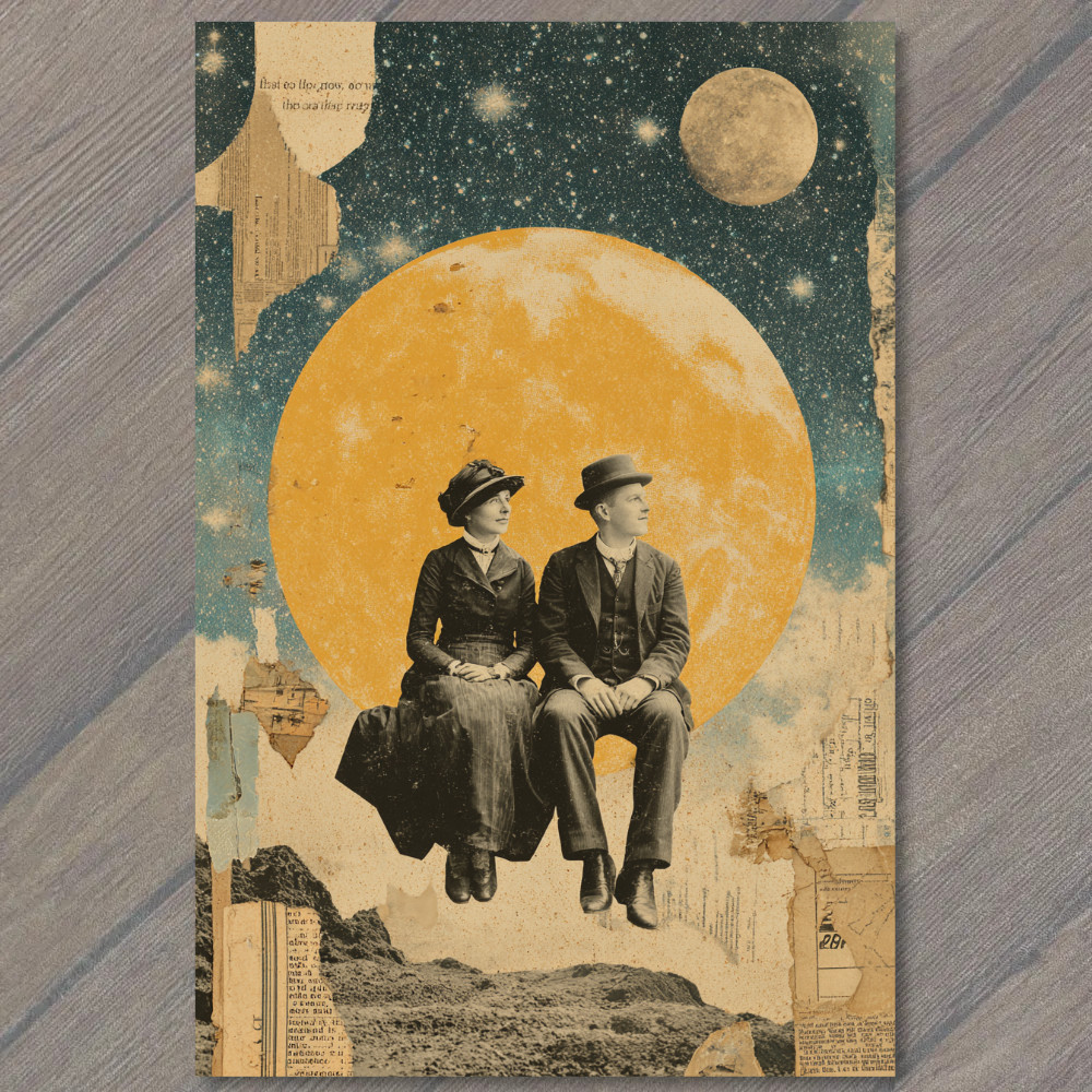 STICKER Couple Watching Giant Moon Surreal Night City Romance Collage Strange