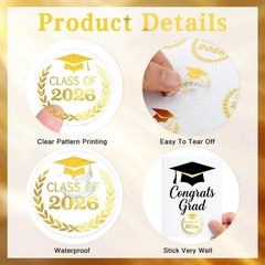 Graduation Stickers, 144PCS Class of 2026 Stickers, 1.6» Gold Foil Graduation E