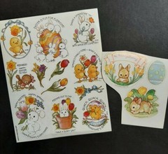 Vtg Easter CUTE BABY ANIMALS Quotes Spring Theme Sticker Lot Ephemera Scrapbook