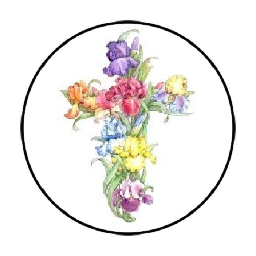 48 FLOWER CROSS BAPTISM ENVELOPE SEALS LABELS STICKERS 1.2″ ROUND FAVOR