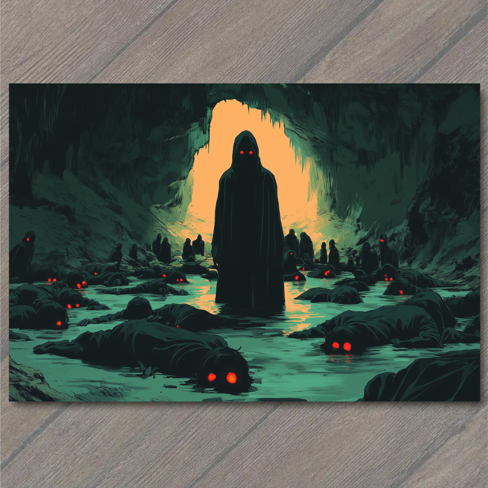 STICKER Hooded Creature Cave Water Red Eyes Creepy Dark Cult Horror Glow