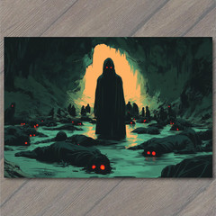 STICKER Hooded Creature Cave Water Red Eyes Creepy Dark Cult Horror Glow