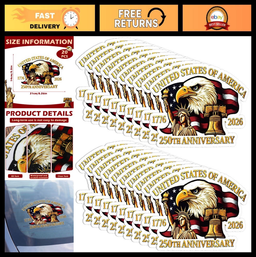 250th Anniversary Stickers – 20 Pcs Large USA Independence Decals, American Flag