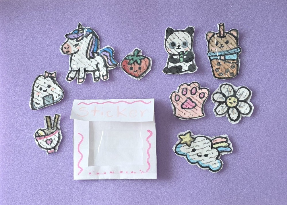 homemade cute multi color kawaii stickers with a cute pink sticker pouch