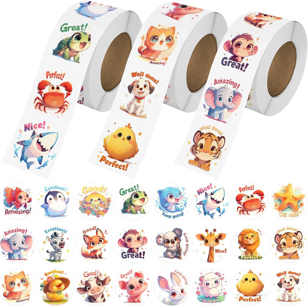 3 Rolls Animal Stickers, 1500 PCS, 24 Designs for Kids, 1.0 Inch