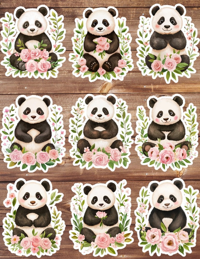 Panda with Pink Flowers Die Cut Vinyl Stickers Scrapbooking Laptop Waterbottle