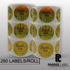 Gold Holographic Thank You Stickers – Starburst Cut – 250 Labels per Roll