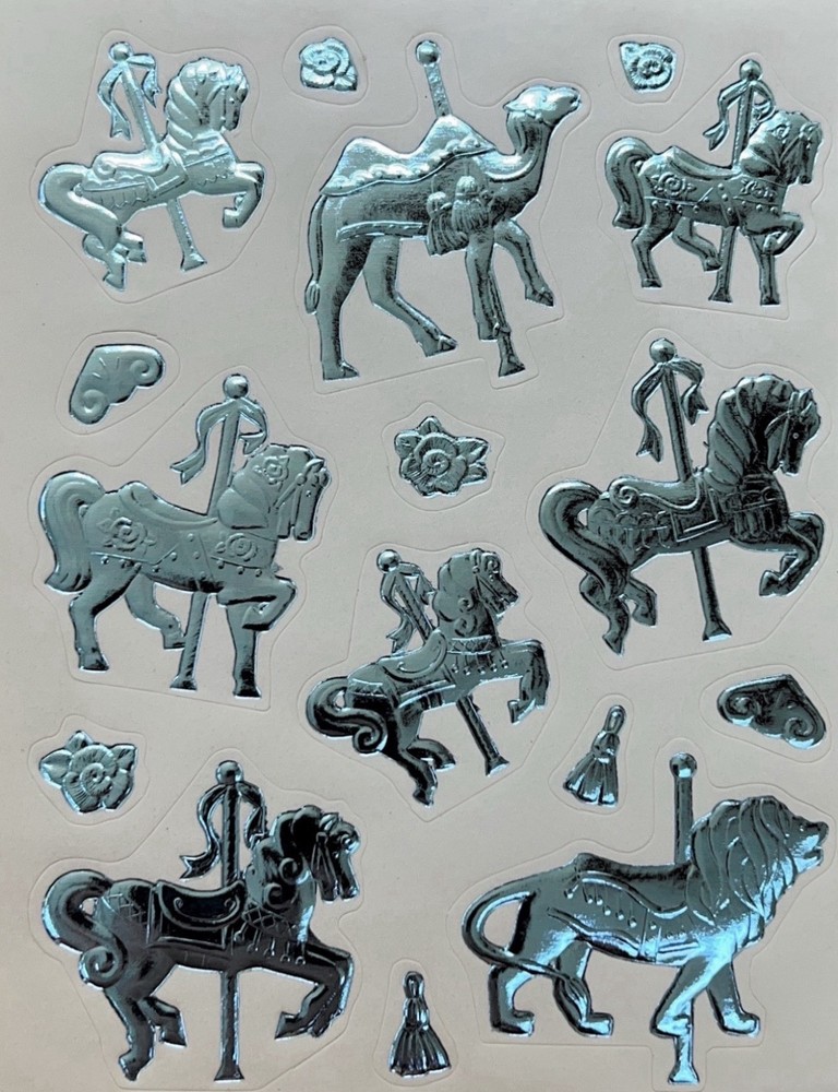 Vintage Foil? Embossed? Sticker Sheet Light Blue Carousel Animals Horse Camel