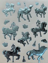 Vintage Foil? Embossed? Sticker Sheet Light Blue Carousel Animals Horse Camel