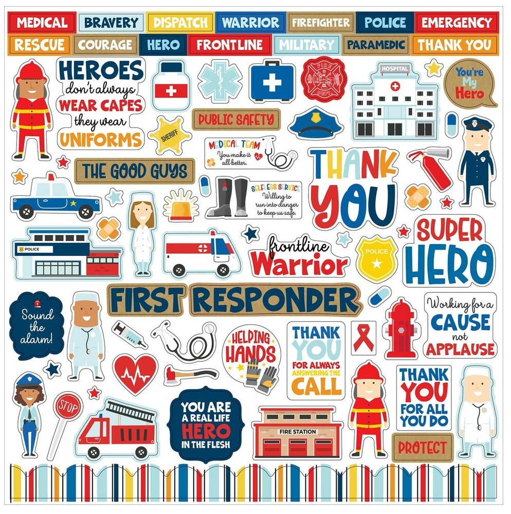 (1) 12×12 Sheet Echo Park Paper FIRST RESPONDER Scrapbook Element Stickers