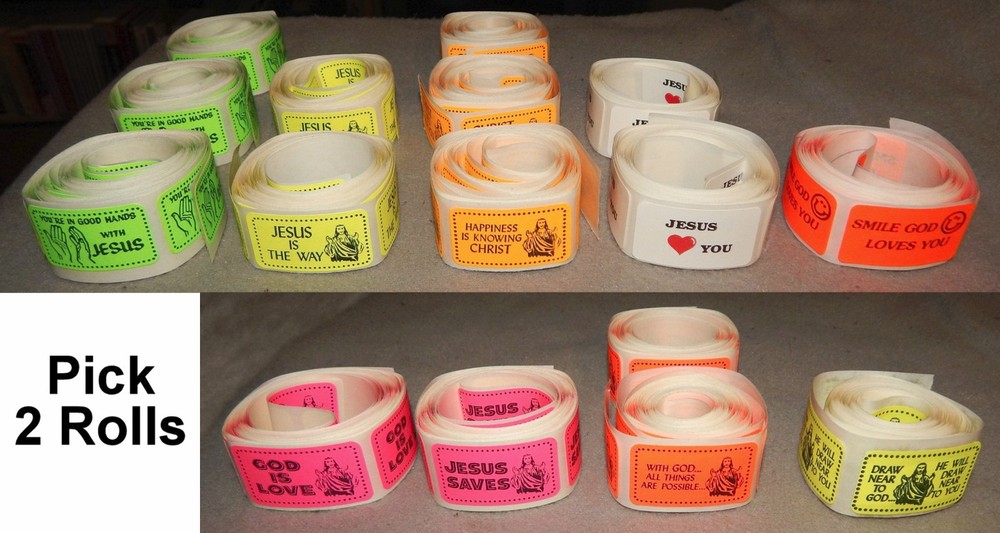 2 Vintage Rolls of Religious Stickers (1 3/8″ x 7/8″, 65-75 per roll) new
