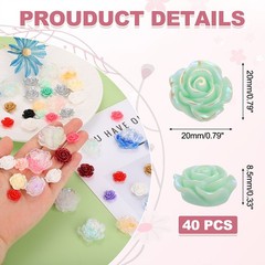 20mm Resin Rose Flatback Charms, 40Pcs Cabochon Embellishment, Shiny Light Green
