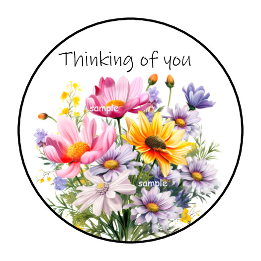 30 THINKING OF YOU ENVELOPE SEALS STICKERS LABELS TAGS 1.5″ ROUND WILDFLOWERS